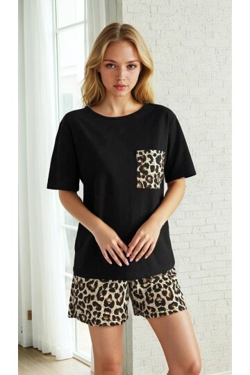 Cep Detay Leopar Desen Şortlu Pijama Takım