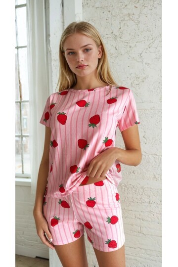 Çilek Baskılı Kısa Kol Pijama Takımı