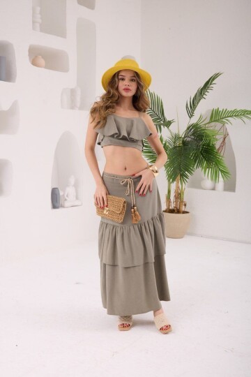 Crop Bluz ve Etek Takım Haki