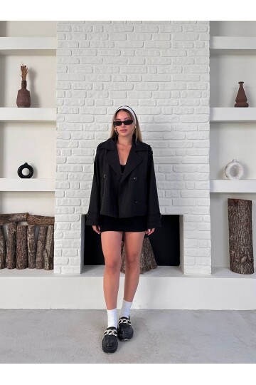 Düğme Detaylı Bondik Mevsimlik Oversize Kısa Trençkot