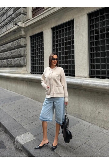 Düğme Ve Biye Detaylı Çift Cepli Triko Bluz Hırka