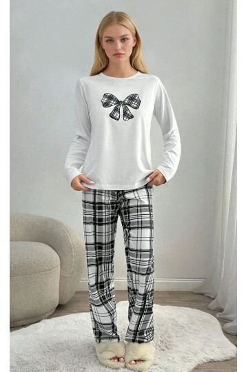 Ekose Desenli Kurdele Baskılı Pijama Takımı