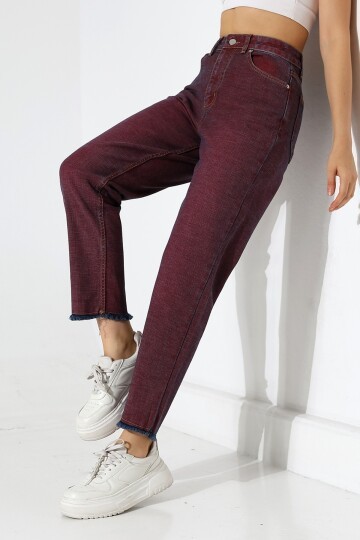 Eski Efektli Şık Bordo Mom Fit Jean