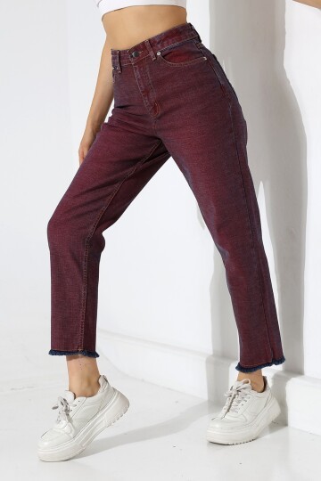 Eski Efektli Şık Bordo Mom Fit Jean