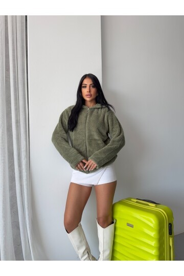 Fermuarlı Kapşonlu Haki Polar Sweatshirt