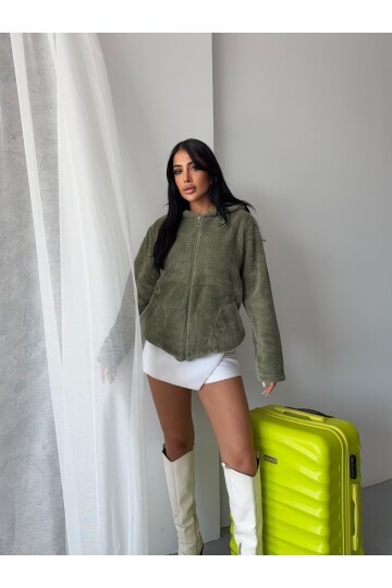 Fermuarlı Kapşonlu Haki Polar Sweatshirt