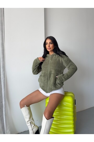 Fermuarlı Kapşonlu Haki Polar Sweatshirt