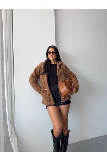 Fermuarlı Kapşonlu Kahve Polar Sweatshirt
