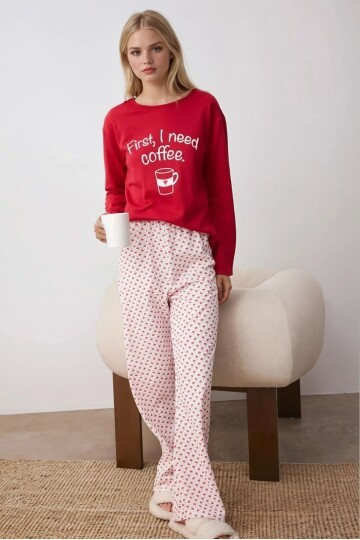 First I Need Coffee Baskılı Kalpli Pijama Takım