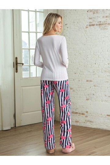 Flamingo Desenli Çizgili Uzun Kollu Pijama Takımı