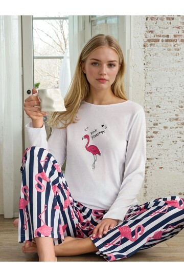 Flamingo Desenli Çizgili Uzun Kollu Pijama Takımı