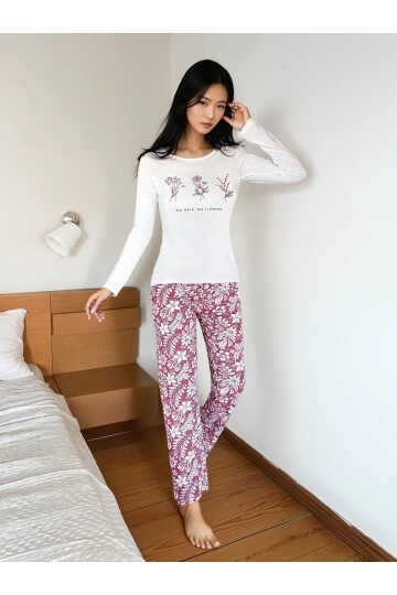 Flowers Baskılı Çiçek Desenli Kadın Pijama Takımı