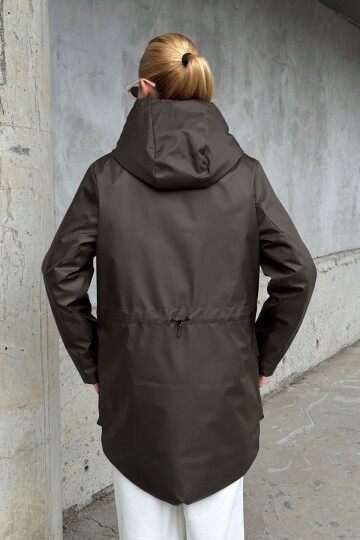 Geniş Cepli Kapüşonlu Uzun Mont Kahve