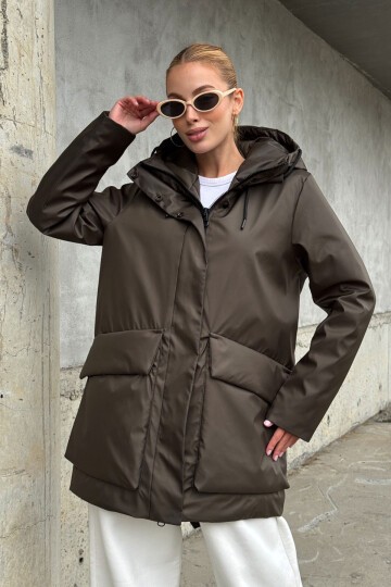 Geniş Cepli Kapüşonlu Uzun Mont Kahve