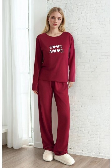 Good Mood Baskılı Bordo Kadın Pijama Takımı