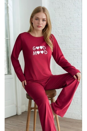 Good Mood Baskılı Bordo Kadın Pijama Takımı