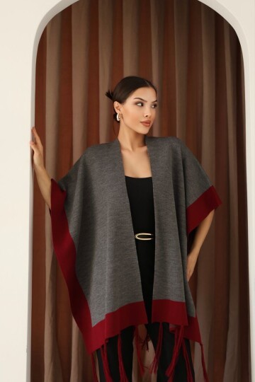 Gri Püsküllü Renk Bloklu Kışlık Triko Panço