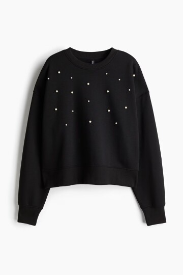 İnci Detaylı Siyah Sweatshirt