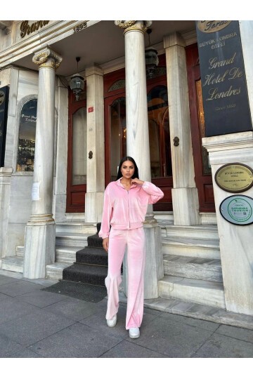 Kadife Fermuarlı Alt Üst Takım Pudra