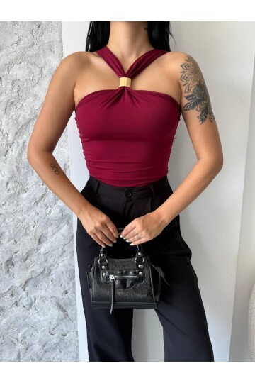 Bordo Sandy Kumaş Yaka Detay Bluz