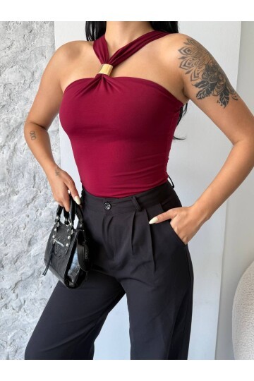 Bordo Sandy Kumaş Yaka Detay Bluz