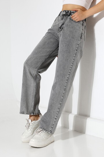 Kadın Gri Yüksek Bel Bol Paça Jean