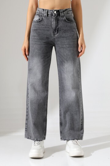 Kadın Gri Yüksek Bel Wide Leg Jean