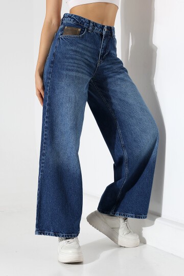 Kadın Koyu Mavi Wide Leg Jean