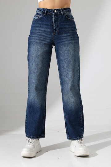 Kadın Koyu Mavi Yüksek Bel Düz Paça Jean