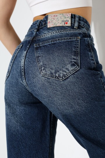 Kadın Koyu Mavi Yüksek Bel Düz Paça Jean