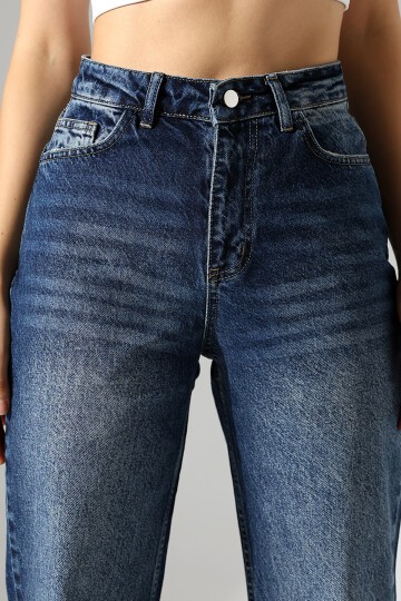 Kadın Koyu Mavi Yüksek Bel Düz Paça Jean
