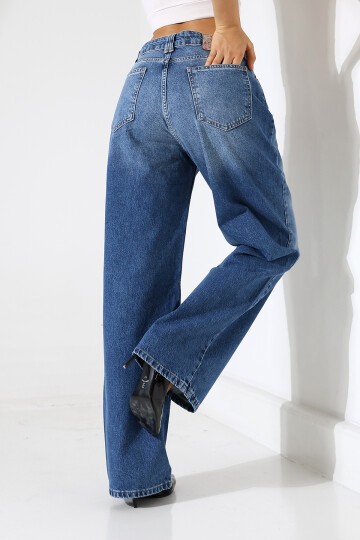 Kadın Mavi Yıkamalı Wide Leg Jean