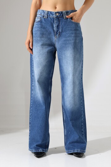 Kadın Mavi Yıkamalı Wide Leg Jean
