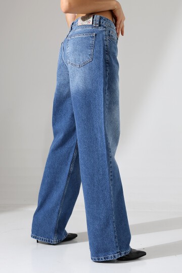 Kadın Mavi Yıkamalı Wide Leg Jean