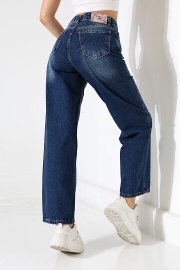 Kadın Orta Mavi Yüksek Bel Bol Paça Jean