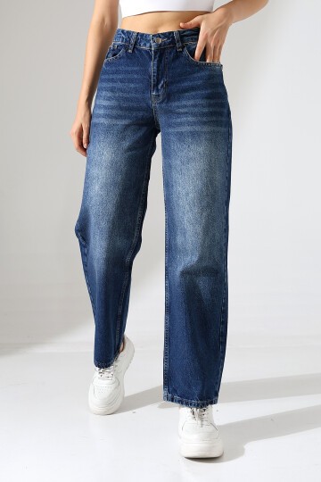 Kadın Orta Mavi Yüksek Bel Bol Paça Jean