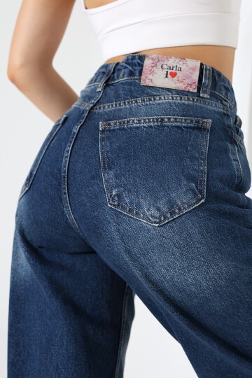 Kadın Orta Mavi Yüksek Bel Bol Paça Jean