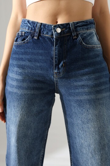 Kadın Orta Mavi Yüksek Bel Bol Paça Jean