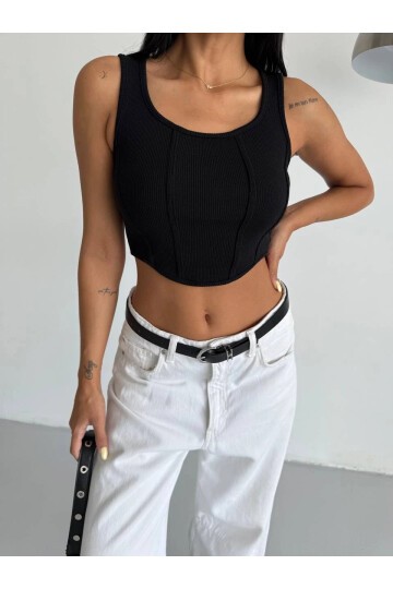 Kadın Siyah Kaşkorse Crop Bluz