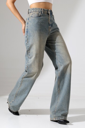 Kadın Vintage Yıkama Yüksek Bel Bol Paça Jean