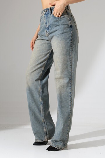 Kadın Vintage Yıkama Yüksek Bel Bol Paça Jean