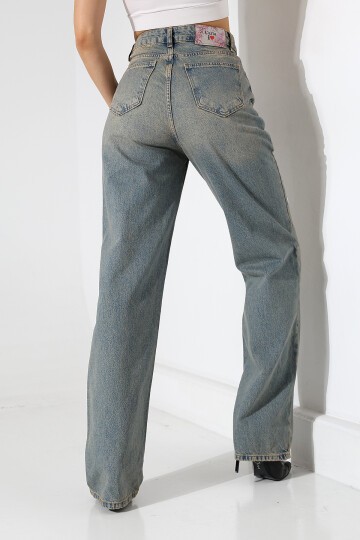 Kadın Vintage Yıkama Yüksek Bel Bol Paça Jean