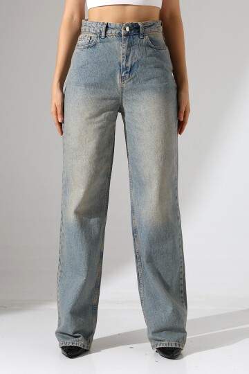 Kadın Vintage Yıkama Yüksek Bel Bol Paça Jean