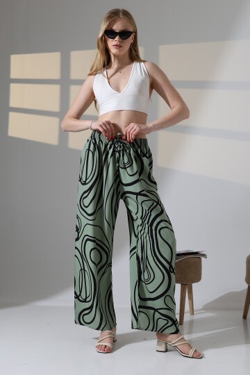 Kadın Yeşil Viskon Bol Paça Desenli Pantalon