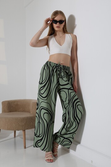 Kadın Yeşil Viskon Bol Paça Desenli Pantalon