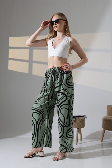 Kadın Yeşil Viskon Bol Paça Desenli Pantalon