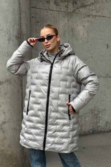 Kapitoneli Fermuarlı Kapüşonlu Uzun Şişme Mont