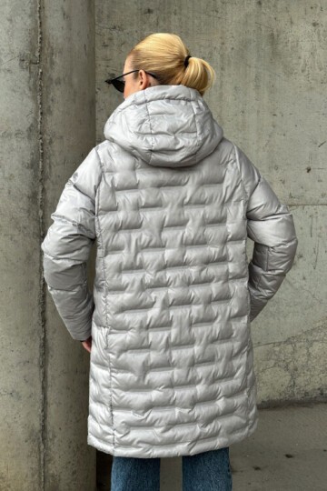 Kapitoneli Fermuarlı Kapüşonlu Uzun Şişme Mont