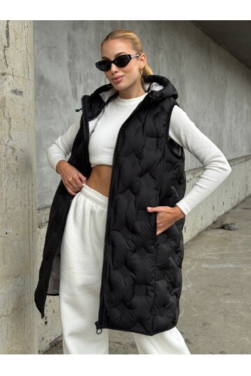 Kapşonlu Cepli Uzun Şişme Yelek