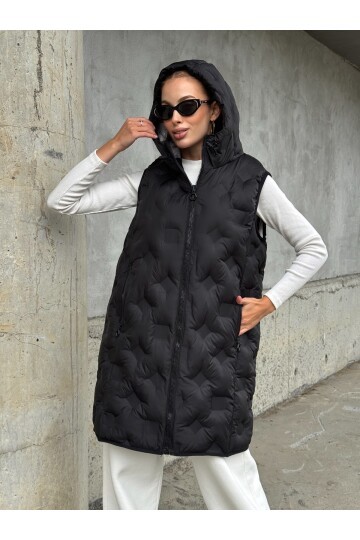 Kapşonlu Cepli Uzun Şişme Yelek